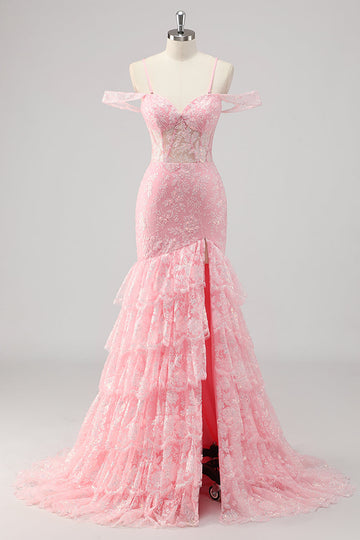 Corset sirène épaule froide Applique Robe De Soirée rose